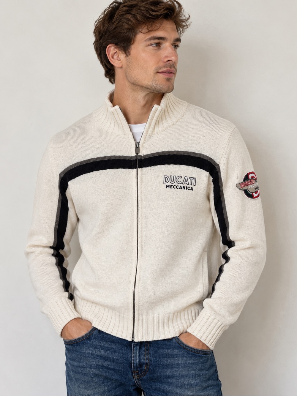 🏎️MAKE OFFER🏎️ Ducati Meccanica Men's Cream Full-Zip Cardigan Sweater Size XL